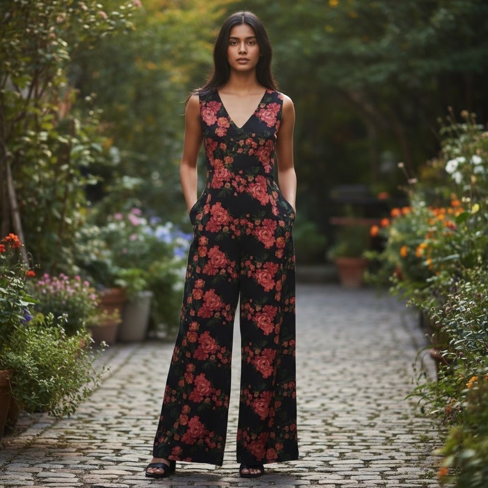Anthropologie Plenty By Tracy Reese Laurette Black Floral Print Jumpsuit Sz M